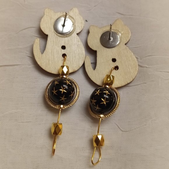 Home Made Handmade Wood & Metal Cat Yellow & Black Button Earrings #49 - Picture 7 of 11